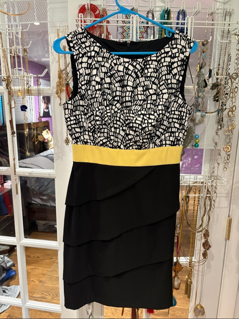 Sleeveless Black & White Patterned Dress with Yellow Waistband- size 6, worn 1x
